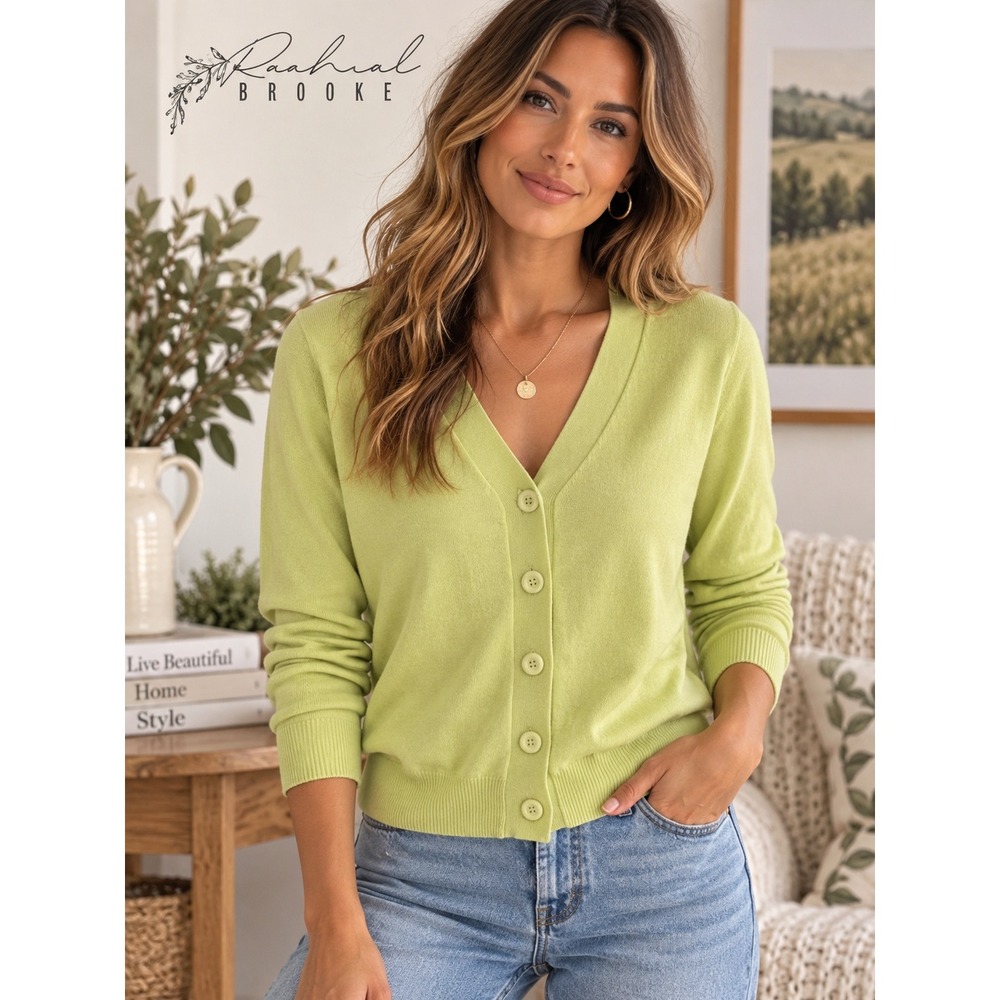 Rachel Brooke Lime Green V-Neck Button Front Knit Cardigan Sweater Size Small